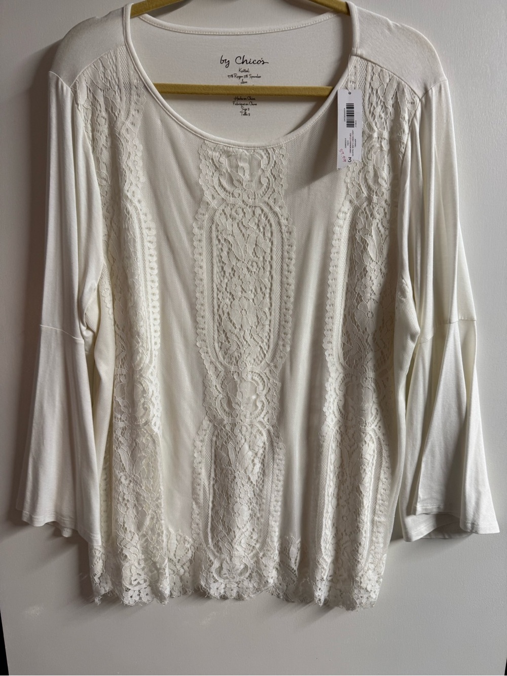 Chico's Size 3 Cream Lace-Panel Scoop Neck Bell Sleeve Top